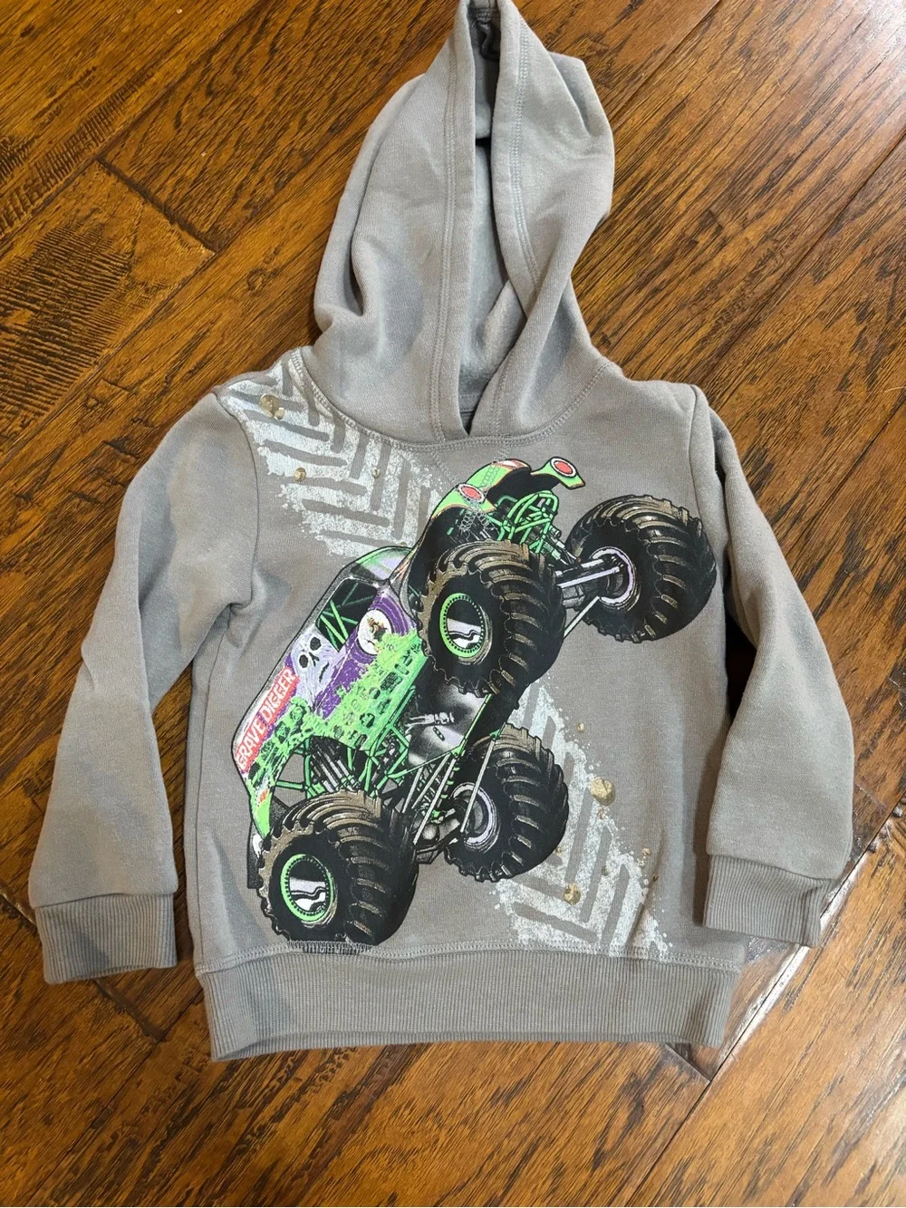 Gray Kids Hoodie with Green Monster Truck Graphic
